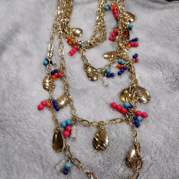 Colorful Gold Chain Charming Necklace Beads Triple Strand Women's Fashion - Picture 12 of 13
